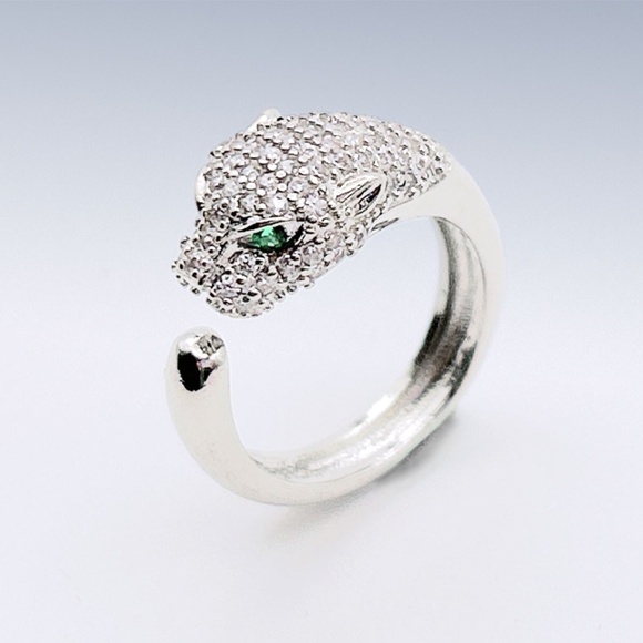 Gold or Silver-Tone PAVE Cubic Zirconia CZ PANTHER Head Open Cuff RING Size 8 - Picture 5 of 5
